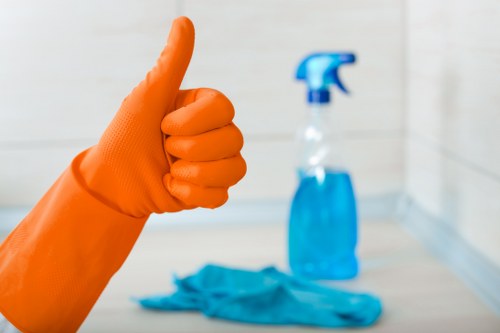 Technician cleaning a sofa in a Brentford flat